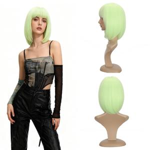Light Green Bob Wigs with Flat Bangs 12" Inch 160g Synthetic Fiber Hair Includ Wig Cap Straight Bob Wig for All Women for Halloween Costume Party Colorful Wigs (Light Green, 12)