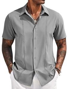 COOFANDY Mens Casual Button Down Short Sleeve Shirts Cuban Camp Guayabera Beach Tops, Light Grey, Small