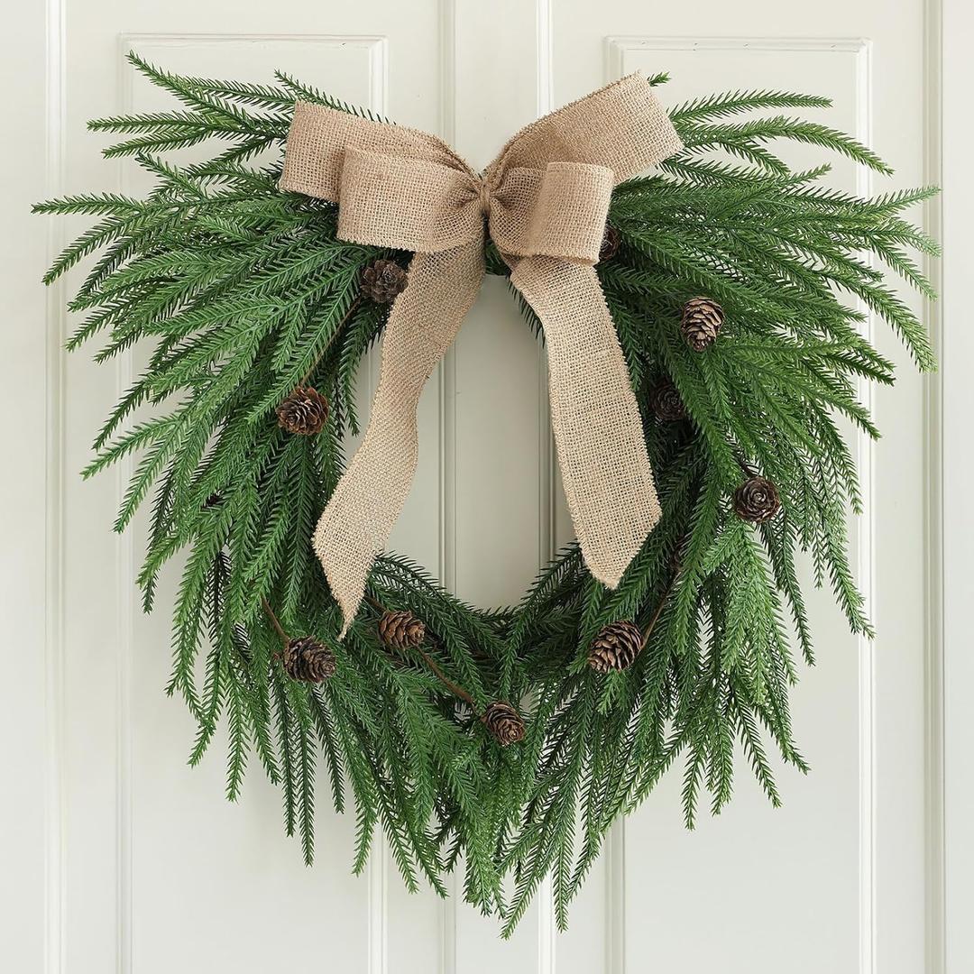 Plain Christmas Norfolk Pine Wreaths for Front Door 20 Inches, Real Touch Heart Xmas Winter Wreath with Burlap Bow for DIY Window Outdoor Outside, Holiday Farmhouse Wreath for Indoor Decor (Dark Green01)