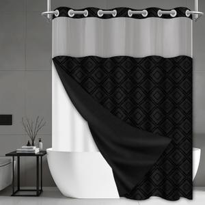 No Hook Shower Curtain Set with Snap in Liner, Black Jacquard Tufted Geometric Bath Curtain, Boho Luxury Hotel Bathroom Decor, Waterproof Washable, 71 x 74 Inch