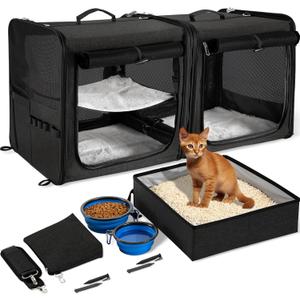 Large Cat Carrier for 2 Cats with Zipper Locks, Double Cat Carrier with Travel Litter Box, Soft Pet Travel Carrier for Cats and Small Dogs Up to 45 Lbs, Black