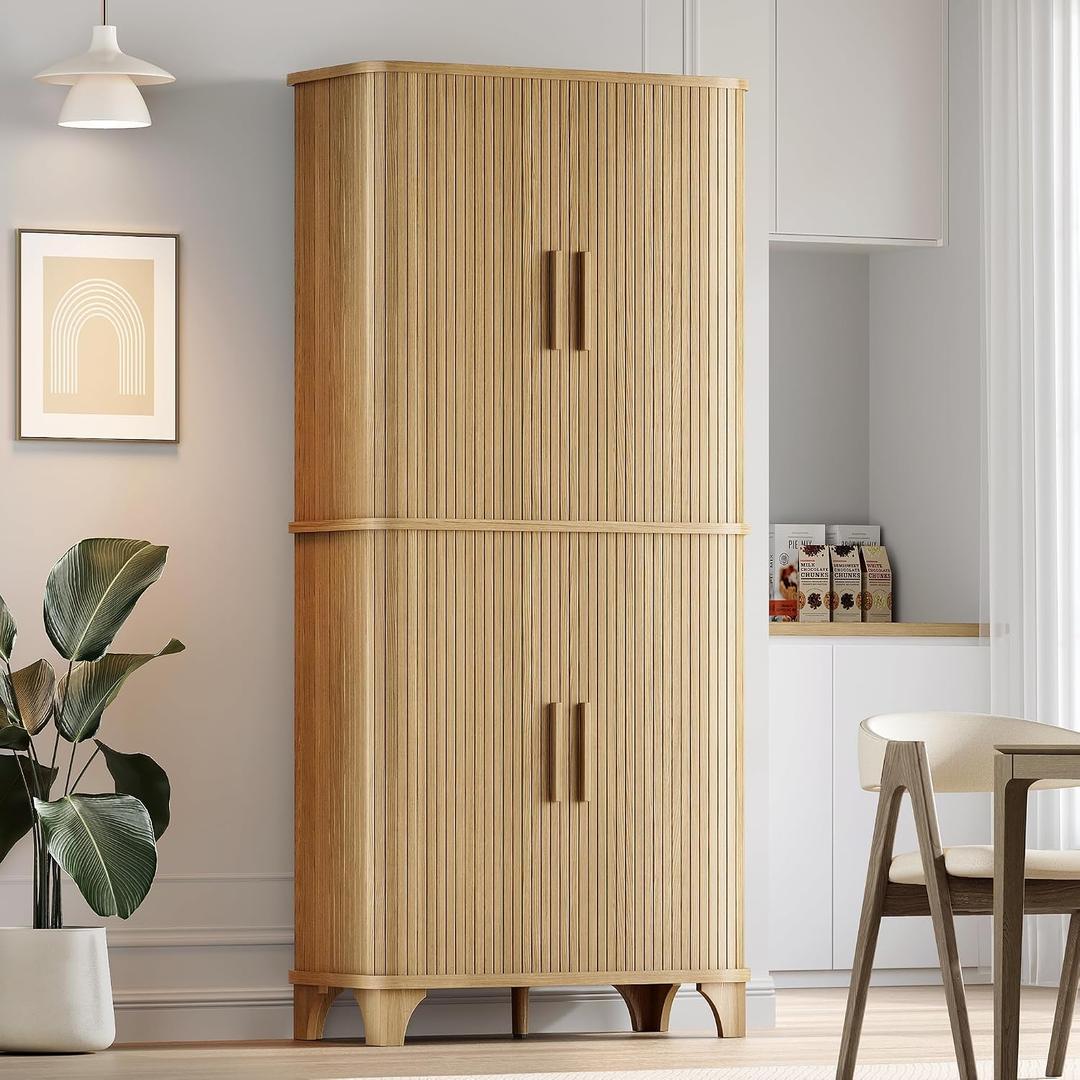 Decofy 69" Tall Kitchen Pantry Storage Cabinet with Sliding Door, Modern Curved Edge Pantry Storage Cabinet with 5 Shelves, Cupboard for the Kitchen, Dining Room, Bedroom, Living Room, Office (Oak), 15.7" W x 69" H x 31.49" D