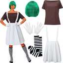 Hicarer 5 Pcs Halloween Women Chocolate Worker Costume Accessories, Costume Includes T Shirt White Skirt with Braces Green Wig Gloves Socks for Women Cosplay Party, Size L