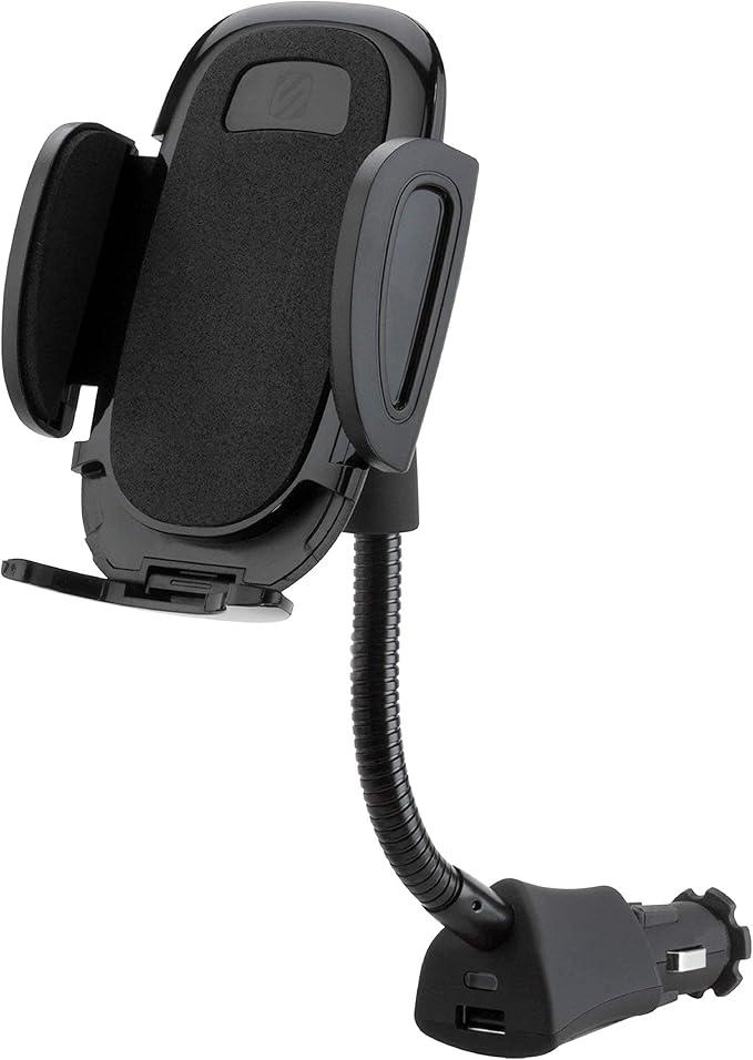 Scosche Universal 12V Car Phone Mount with USB Charger, Phone Holder with Cigarette Lighter Adapter for 12V Socket Plug-In, Flexible Gooseneck, Adjustable Cradle for iPhone & Android Cell Phones