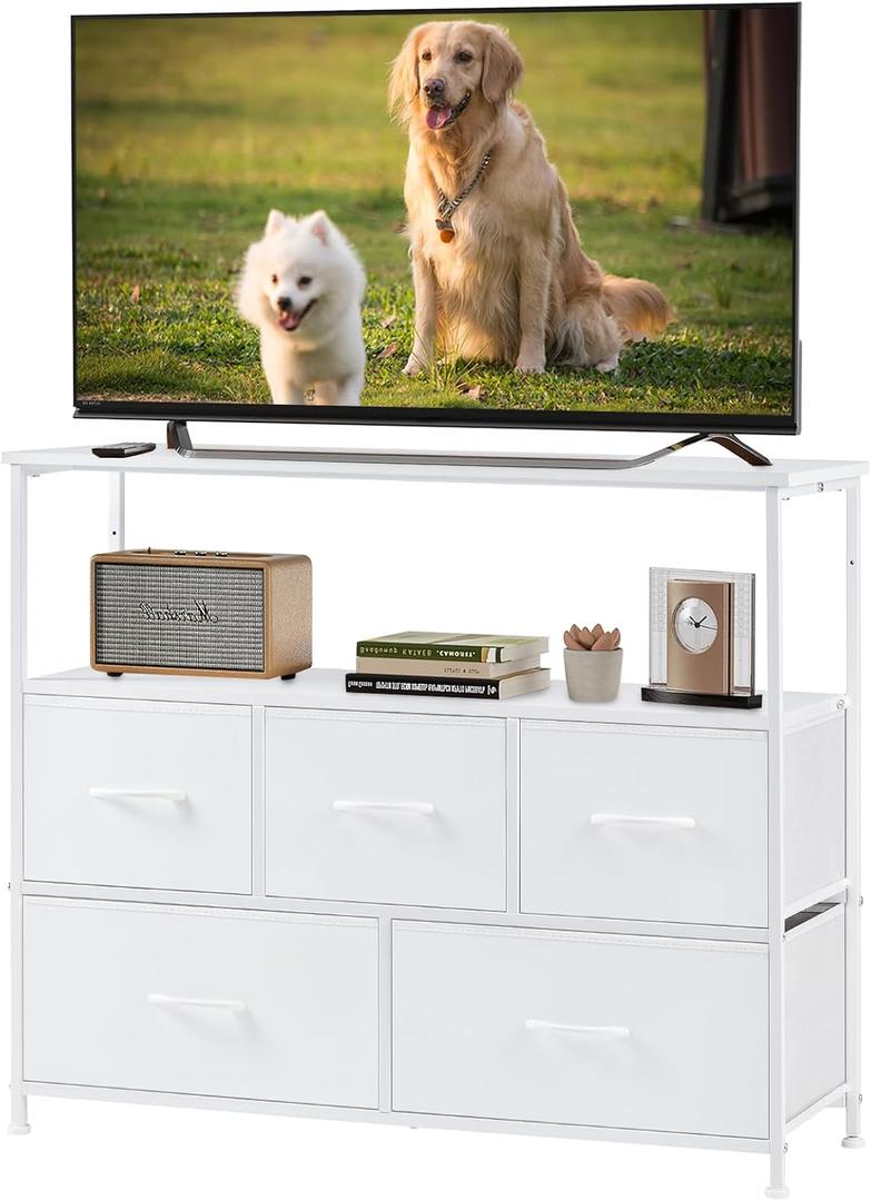 DUMOS TV Stand, Dresser with 5 Fabric Storage Drawers, Media Console Featuring Open Shelf for TV, Compact Entertainment Unit for Bedroom, Living Space, or Dorm Organization, White, 39.4"D x 11.8"W x 31.5"H