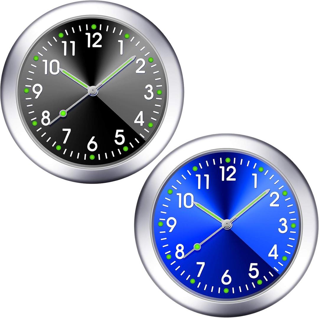 2 Pieces Stick on Dashboard Car Clock Mini Tiny Small Luminous Disposable Car Vent Clocks Watch for Dashboard Boat Bike Home (Black, Blue)