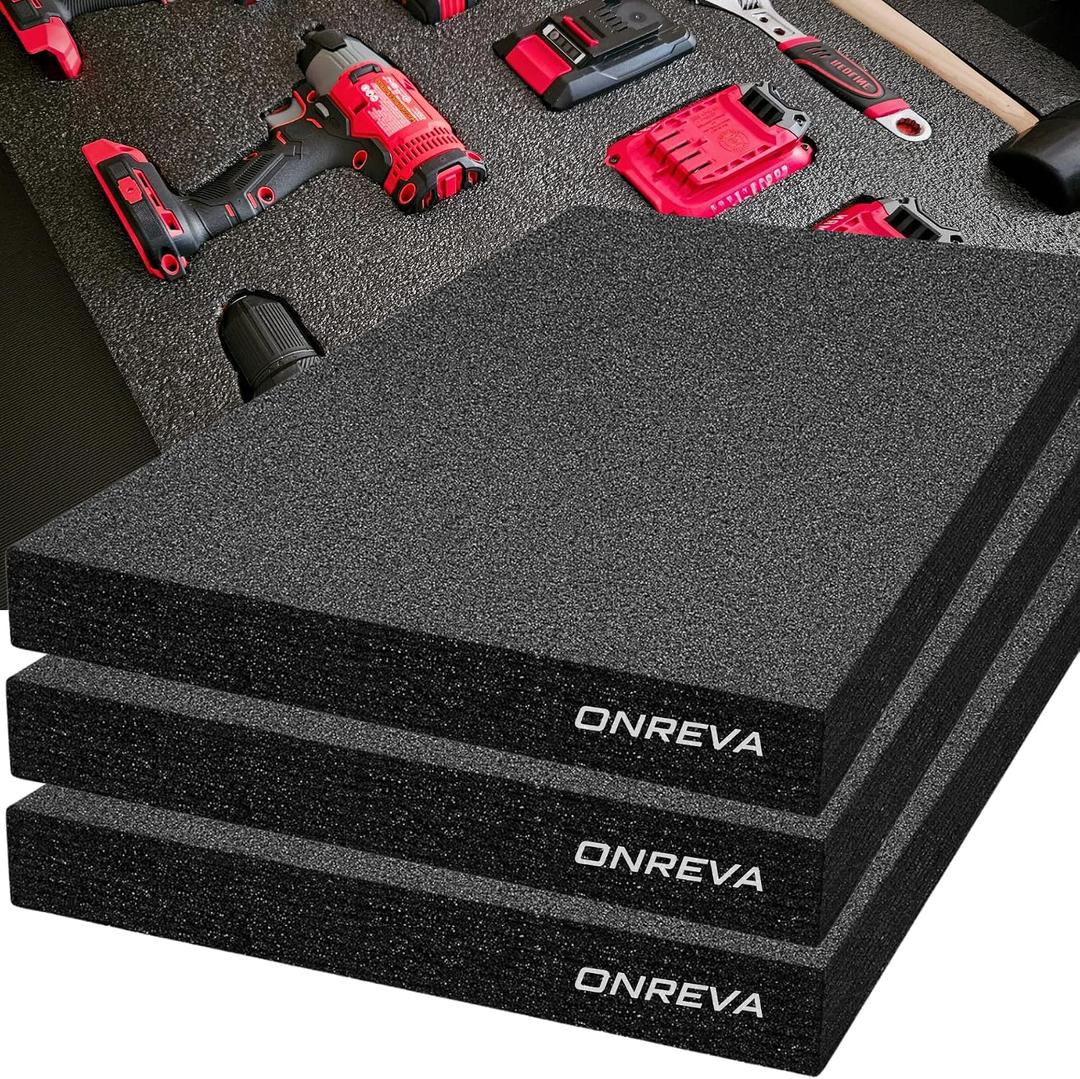 ONREVA Tool Box Foam 22x18x2 inch 3Pack, Foam Inserts for Cases, Polyethylene Storage Sheets for Toolbox Hard Case, Tool Shadow Insert, Kaizen Organizer Sheet, Black