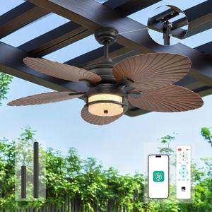 Orison 52'' Outdoor Ceiling Fan with Lights, Tropical Palm Leaf Fan, Wet Rated for Patio, Porch & Gazebo, Dimmable LED, 6-Speed, Remote & App Control, Plug-in/Flush Mount, Bronze