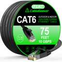 Cat 6 Ethernet Cable 75 ft, Indoor&Outdoor, High Speed 10Gbps Flat Internet Network Cable, Pure Copper Ethernet Patch Cable Long, Computer LAN Cable with Clips & Straps for Router, Modem, PS4/5, Black