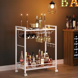 Joaxswe Bar Cart, Home Bar Serving Cart with 2-Tier Shelf,Rolling Beverage Cart with Wheels,Mobile Kitchen Shelf,Modern Wine Drink Cart with Wine Rack and Glass Holder for Kitchen,Dinning Room,White