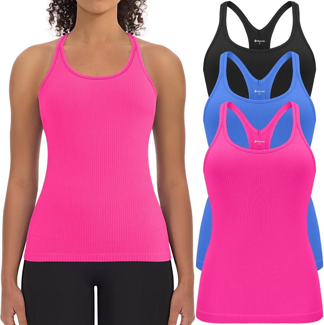 3 Pack Workout Tank Tops for Women with Built in Bra Ribbed Seamless Racerback Athletic Running Gym Yoga Tops (M)