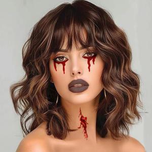 Short Wavy Wig with Bangs Light Brown Wig for Women Shoulder Length Bob Wig Women's Wigs Synthetic Heat Resistant Fiber Wigs for Daily Party Use (14 Inches)