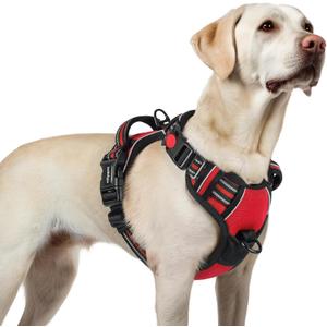 rabbitgoo Dog Harness for Large, No Pull Pet Harness with 3 Buckles, Adjustable Soft Padded Vest with Control Handle, Walking Reflective Pet Vest for Large Dogs, Red, L
