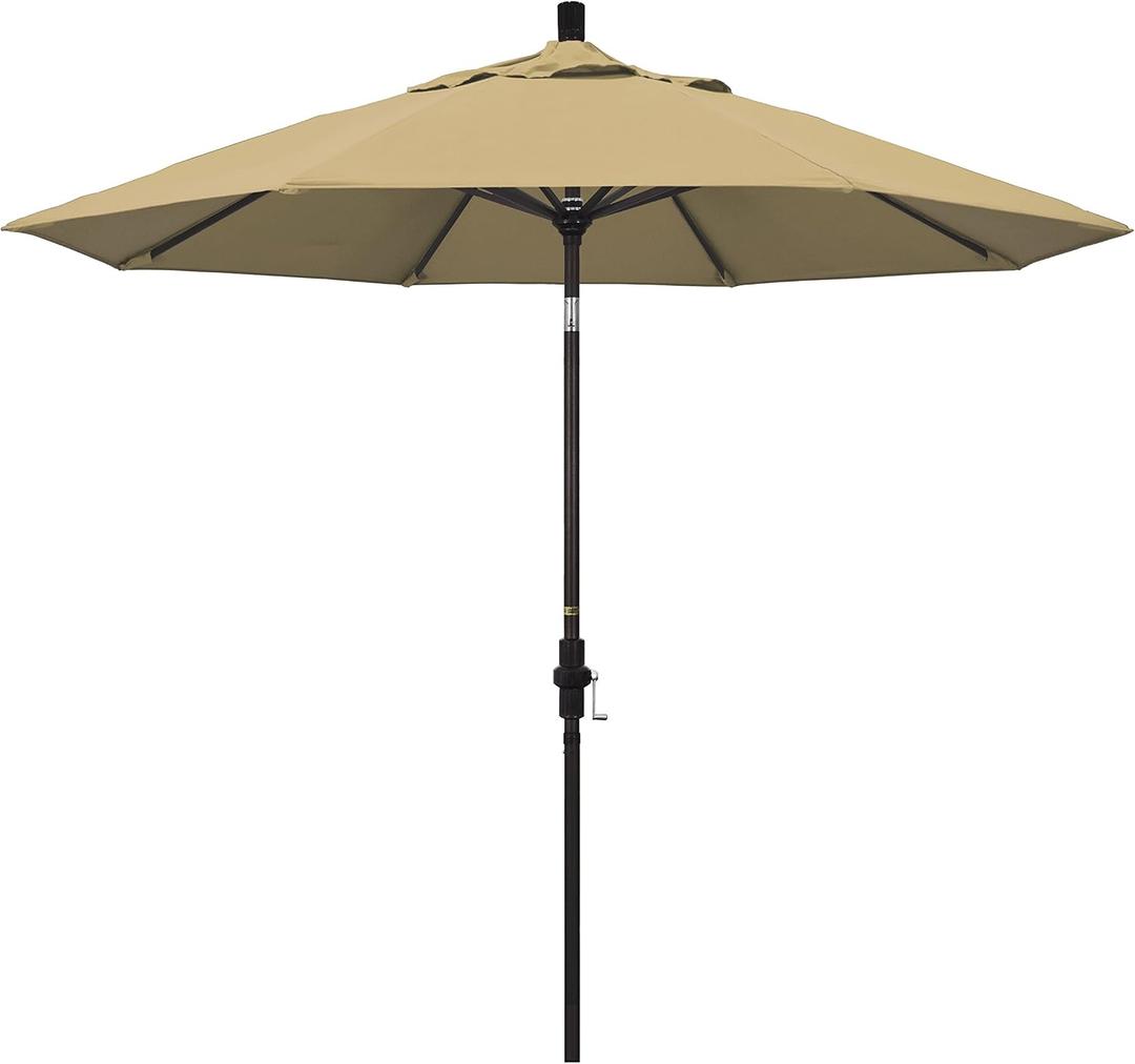 California Umbrella 9' Round Aluminum Market Umbrella, Crank Lift, Collar Tilt, Bronze Pole, Champagne Olefin