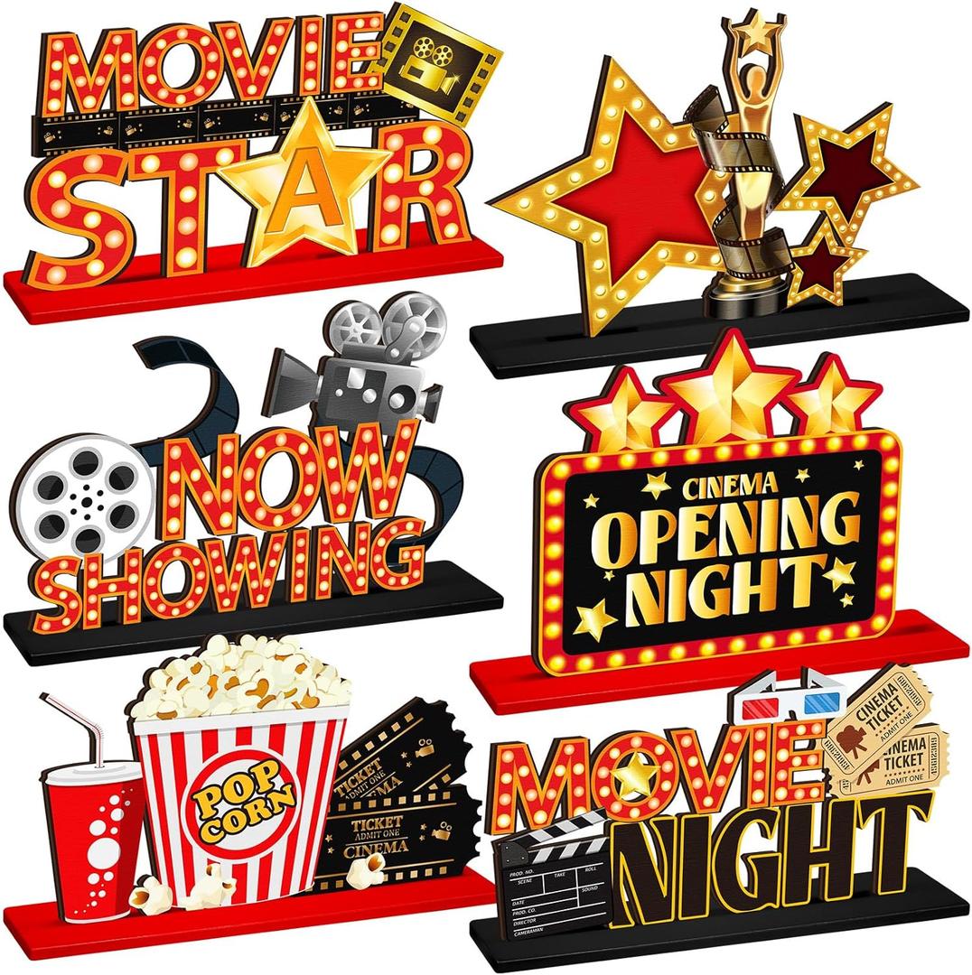 6 Pcs Movie Night Party Decorations Movie Wooden Table Centerpiece Ticket Star Video Popcorn Table Sign Tabletop Decor for Birthday Party Home Decoration