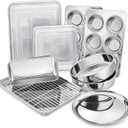 7-Piece Stainless Steel Baking Pans Set, P&P CHEF Kitchen Bakeware Set, Include Baking Sheet with Rack, Round/Square Cake Pan, Lasagna Pan, Loaf Pan, Muffin Pan, Pizza Tray & 2 Covers, Durable