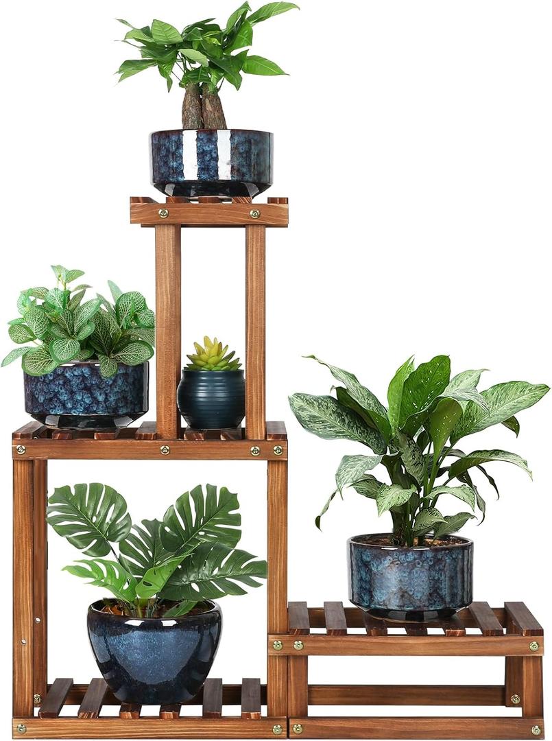 Wood Plant Stand Indoor Outdoor 4 Tiers Plant Rack Corner Planter Shelf Flower Pot Holder for Living Room Garden Patio Yard Porch (Space Saving,27.6,Small)