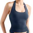SUUKSESS Women Halter Tank Tops Double Lined Backless Y2K Trendy Going Out Tops (Medium, Navy Blue)