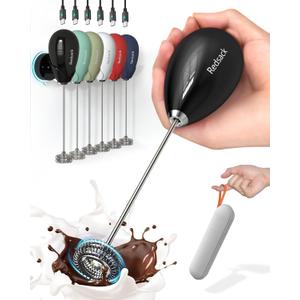 Rechargeable Milk Frother Handheld, Travel Portable Frother Wand for Coffee, USB C Electric Whisk with Stand & Case, Waterproof Hand Drink Mixer for Lattes, Cappuccino, Matcha, Egg (Black)