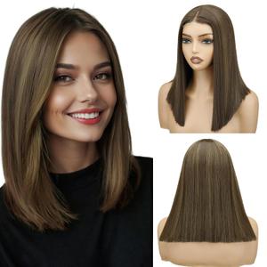 NOSTLAGIA Brown Highlight Bob Wigs Synthetic Lace Front Wig,Mide Part Short Straight Glueless Bob Wig for White Women Daily Use 14 Inch