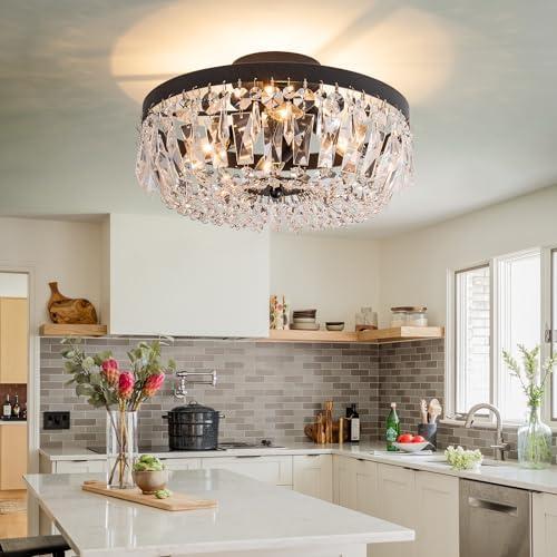 KSRYSZCQ Black Crystal Ceiling Light, 15''Modern Ceiling Light Fixture Lamp 4 Light with E12 Base,Sturdy Craft & Aesthetic Design,Ideal for Dining Room, Kitchen, Bedroom