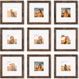 8x8 Picture Frame Set of 9, Photo Gallery Wall Frame Set, Display Pictures 4x4 with Mat or 8 x 8 Without Mat, Square Frame Picture Frames Collage Wall Decor, Rustic Brown