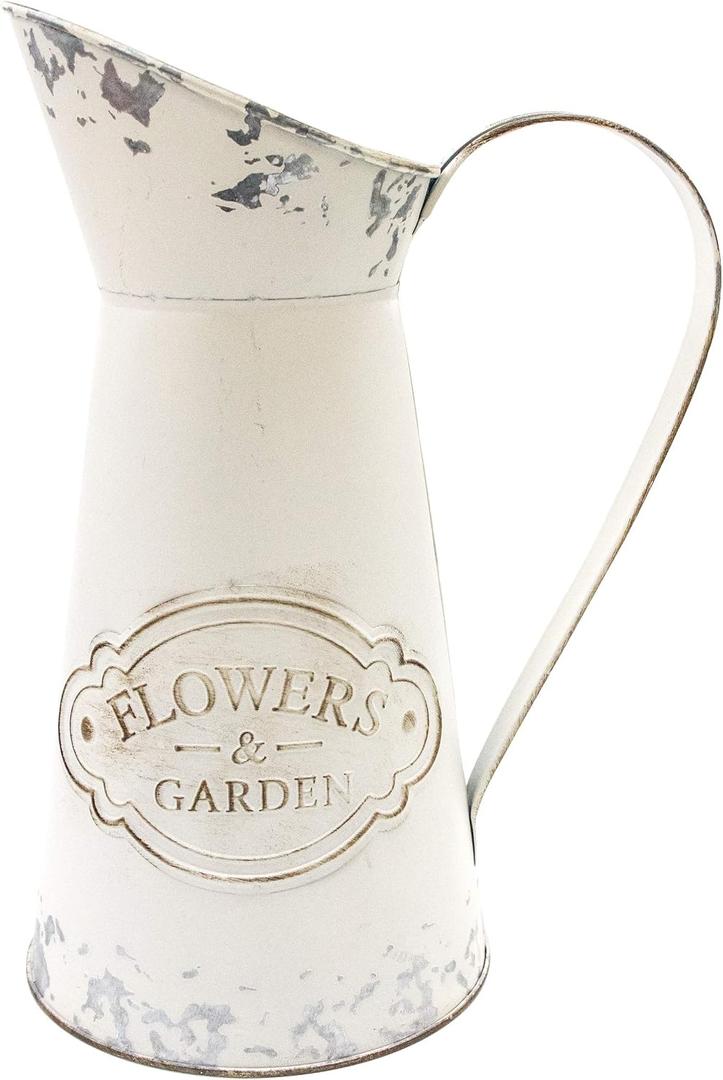 Farmhouse White Metal Jugs for Shabby Chic Kitchen Decor, Tall Pitchers for Flowers, Rustic Bathroom Vases - Large, 11 H