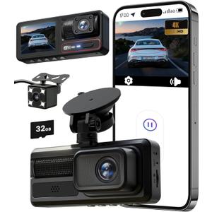 3 Channel Dash Camera for Cars,Capture Crisp 4K+1080P+1080P, Features 5G WiFi & App Control, Night Vision,24H Parking Mode,Loop Recording,170 Wide Angle,32GB Card Included(Black)