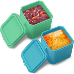 2 Pack Small Silicone Snack Containers with Lids, Leak Proof Salad Dressing Container, Lunch Box Containers for Office, Travel, Picnic (Green, Blue)