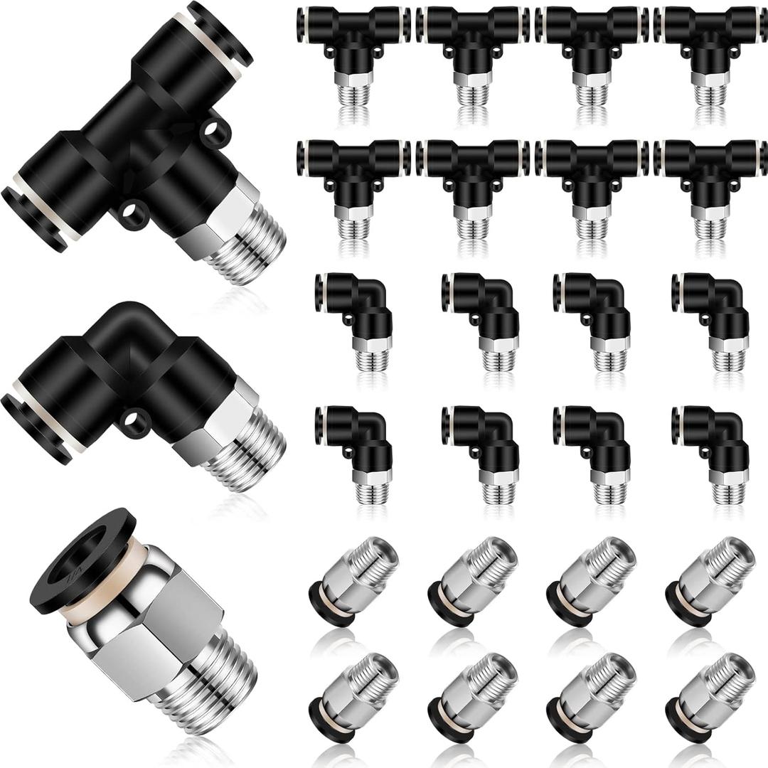 Zhengmy 24 Pcs Push to Connect Tube Fittings 1/4 Inch OD x 1/8 NPT Pneumatic Kit Male Thread Straight Quick Release Connectors Air Connectors, 8 Straight, Elbow, Brunch Tee