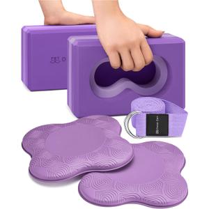 Deep-Zen Yoga Blocks Wrist Support; Yoga Blocks 2 Pack with Knee Pads and Strap to Put Less Weight on Wrists; Durable, Versatile Yoga Brick Exercise Block Set, Blocks Yoga (Purple)