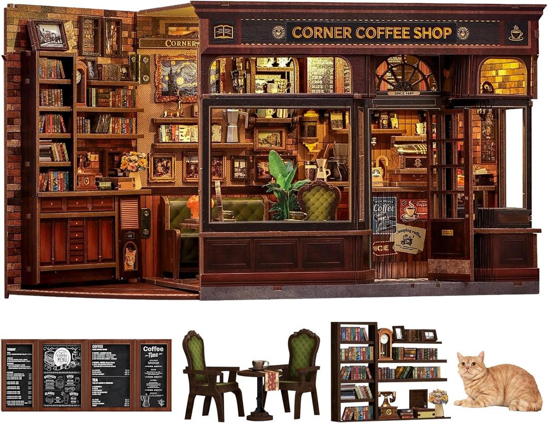 Fsolis Book Nook Kit - DIY 3D Wooden Puzzles for Adults Coffee House with Cat Diorama Booknook Bookstore Mini House Building Kit Gifts for Women Readers Book Lovers (Corner Coffee Shop)