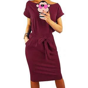 PRETTYGARDEN Women's Summer Short Sleeve Crewneck Striped Dress Basic Solid Tie Waist Office T Shirt Dresses Pockets (Red, M)