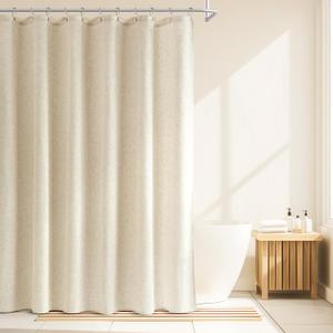 Natural Linen Shower Curtain, Boho Farmhouse Shower Curtain Set for Bathroom, 200GSM Luxury Weighted Water Resistant Fabric Textured Shower Curtains with 12 Metal Hooks, 72Wx84H