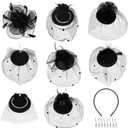 Geyoga 8 Pcs Mardi Gras Fascinators Funeral Hats Pillbox Hat with Veil Feather Headband for Women Tea Party Carnival Costume (Black)