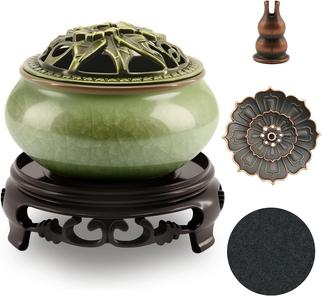 Ceramic Incense Burner with Lotus Incense Holder, Multi-Functional Incense Burner Holder for Incense Sticks, Coil Incense and Cones, Perfect Home Decor (Green)