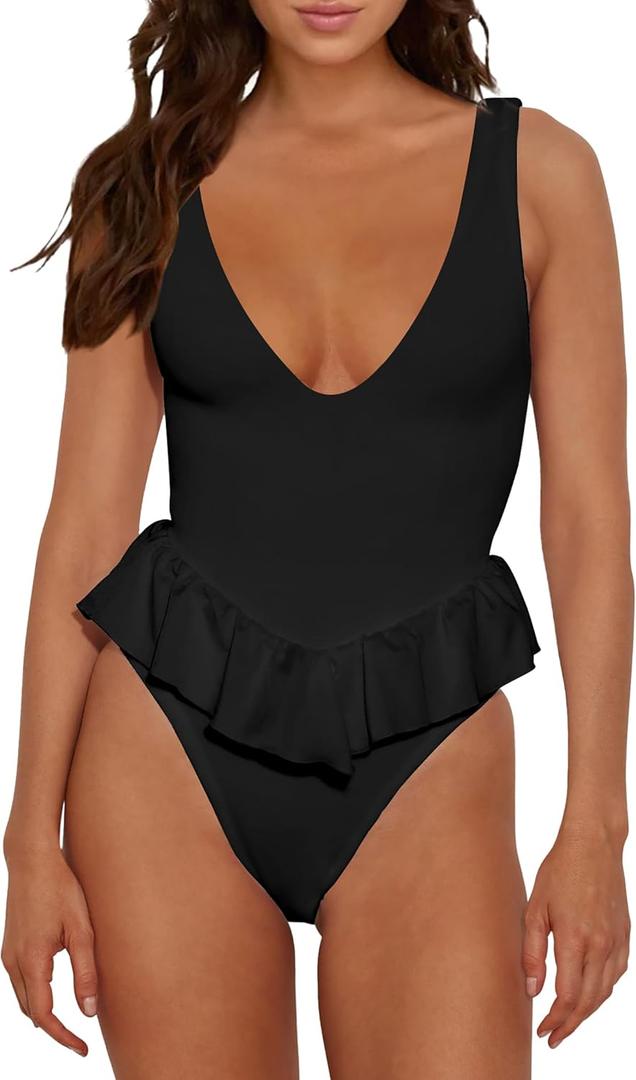 HYPERFIRE Women's Cheeky One Piece Swimsuit Deep V Neck Tummy Control High Cut Bathing Suit (Large, Black)