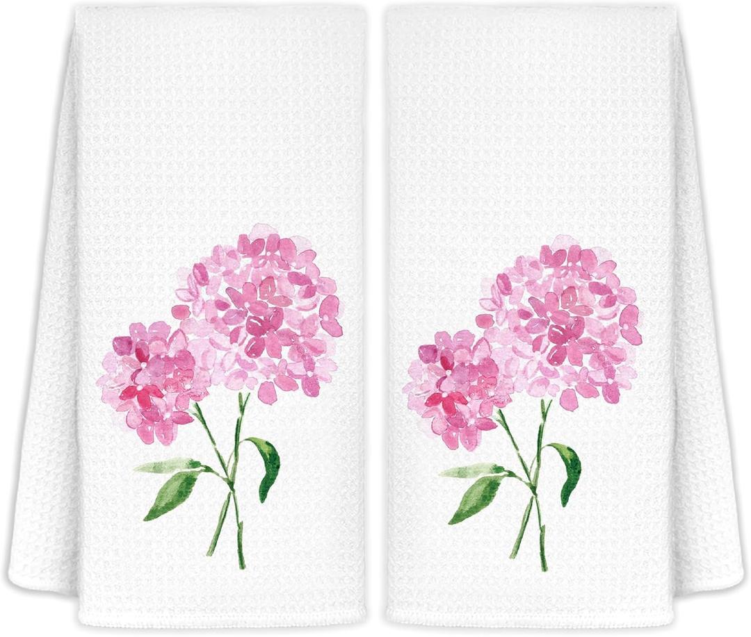 CIOJUNE Pink Hydrangea Floral Hand Towels for Bathroom Spa Gym, Rustic Kitchen Towels Hydrangea Botanical Dish Tea Towels for Kitchen Decor, 16x24 Inch Set of 2