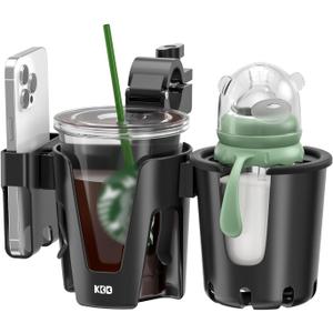 KDD Stroller Cup Holder with Phone Holder, 3-in-1 Removable Bottle Holder, 360 Degrees Rotation Drink Holder for Wheelchair, Stroller, Bike, Walker, Scooter, Bicycle, Uppababy, Bugaboo, Britax (Black)