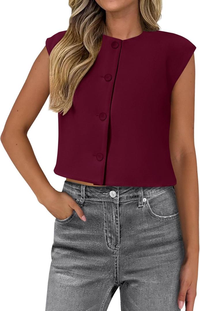 PRETTYGARDEN Women's Suit Vest Crop Tops Spring Summer Dressy Business Casual Work Office Clothes Trendy Blazer Waistcoat (X-Large, Wine Red)