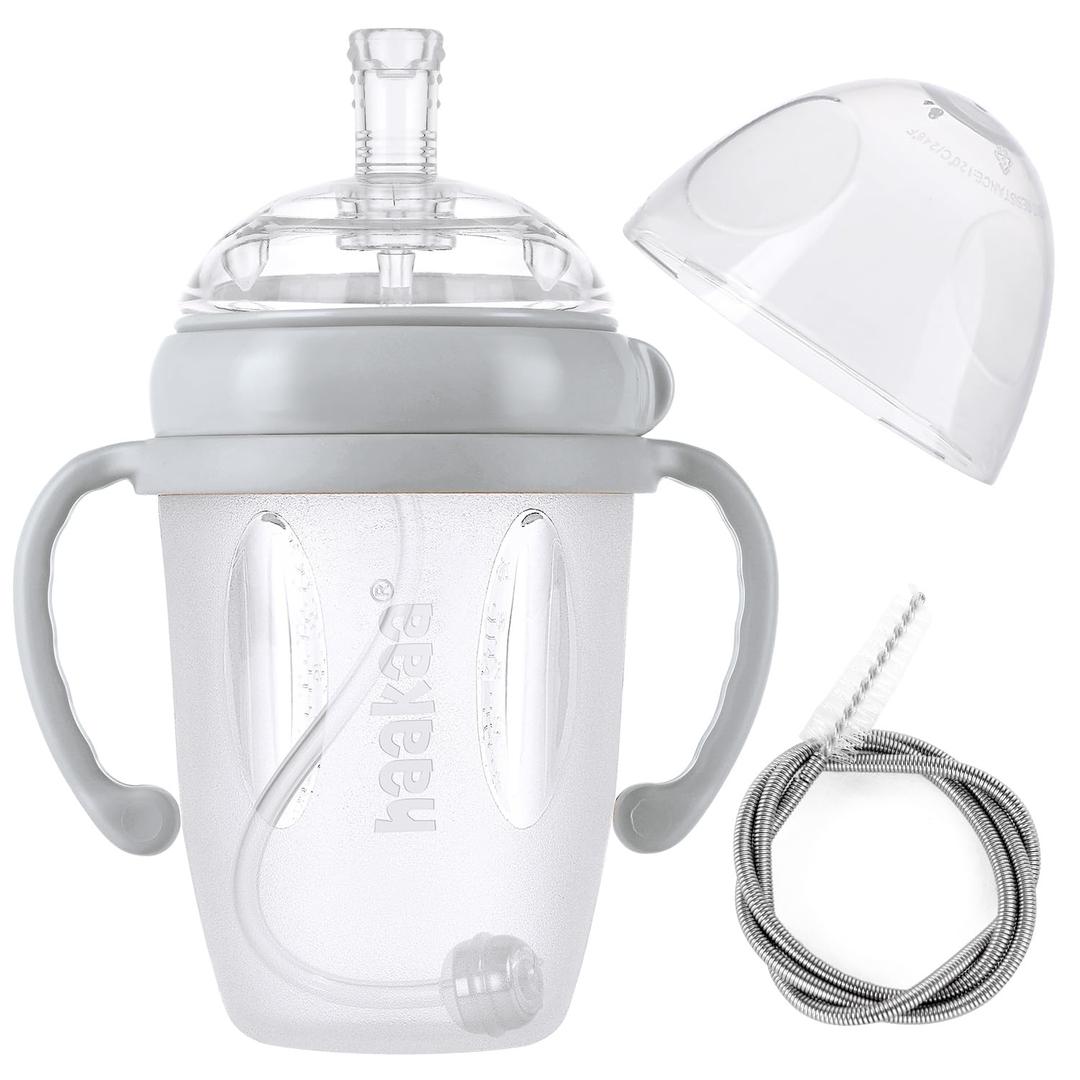 haakaa Weighted Straw Sippy Cup for 6+ Month Old, Silicone Baby Straw Cup Toddler Water Bottle with Straw Brush, 8oz/250ml, Grey