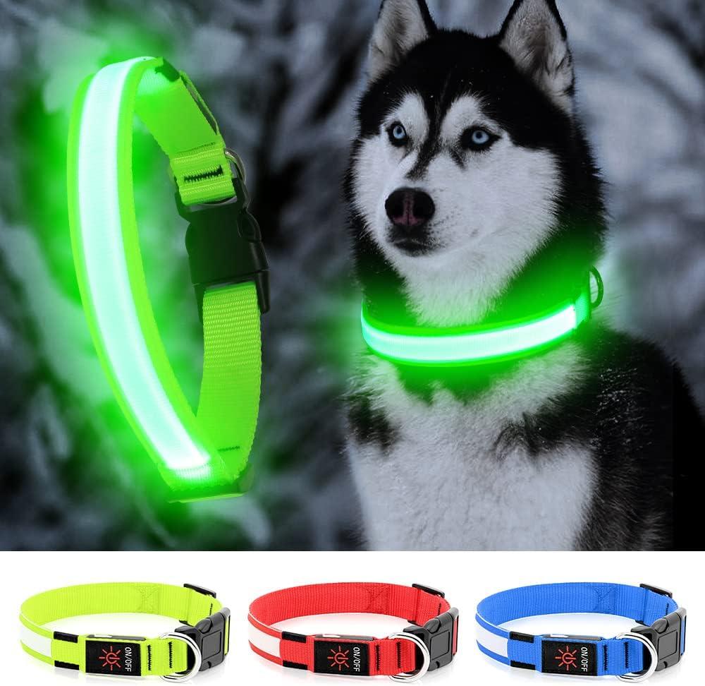 YFbrite Ultra Light Adjustable LED Dog Collar, Light up Dog Collars Rechargeable Glowing in The Dark Collars Visiblity & Safety for Small, Medium, Large Dogs (Green, Small)