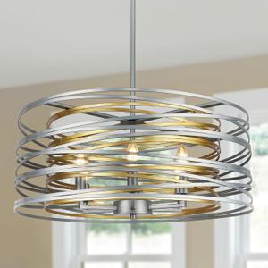 23.6'' Large Vintage Round Chandelier, 6-Light Modern Farmhouse Lantern Chandelier, Antique Double Drum Chandelier for Dining Room Entryway Kitchen Island Foyer, Silver with Gold Interior