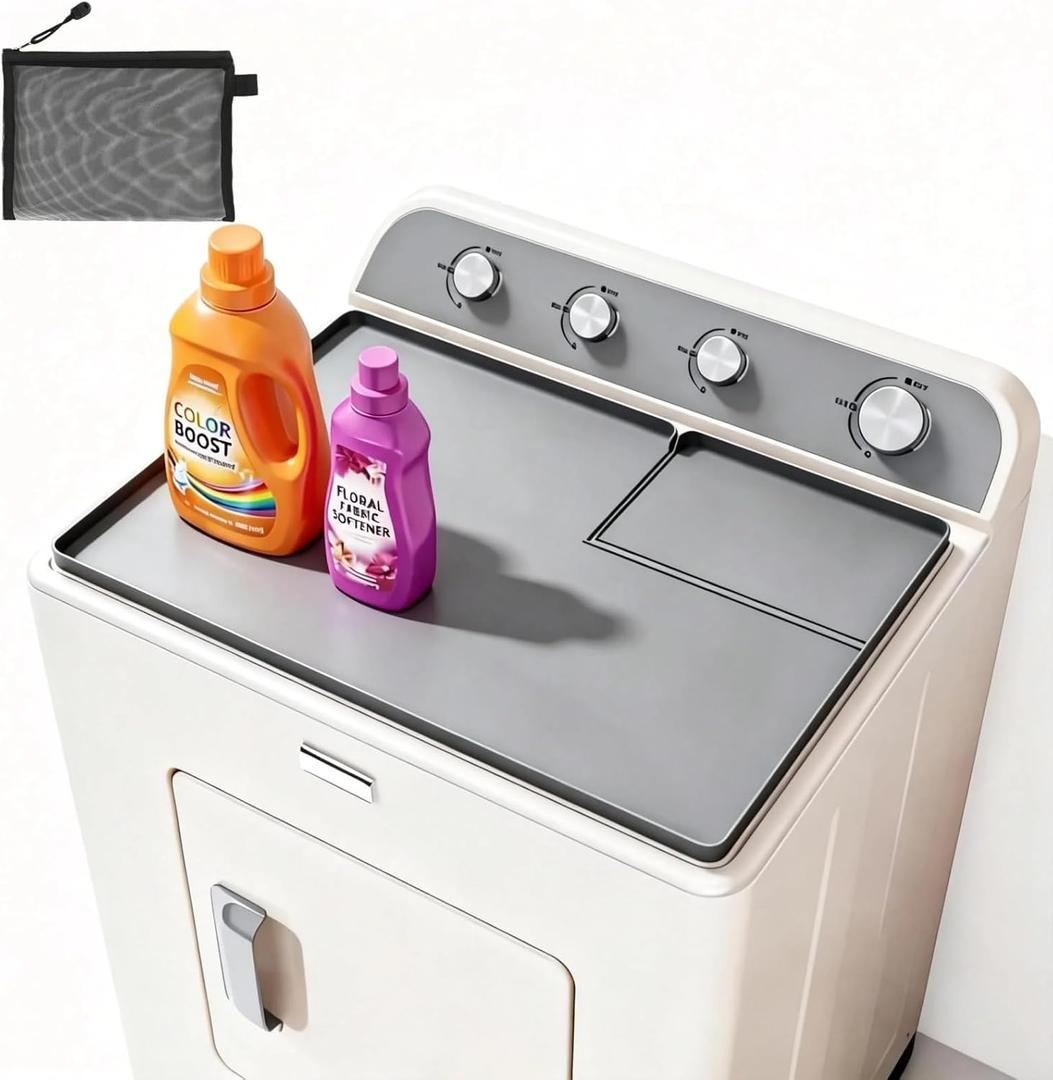 Dryer Top Protector Mat with Lint Trap Hole Cut Out Set 26" x 17.75" Non-Slip Waterproof, Dustproof Silicone Dryer Cover with Raised Lip, Laundry Machine Cover for Laundry Room & Kitchen