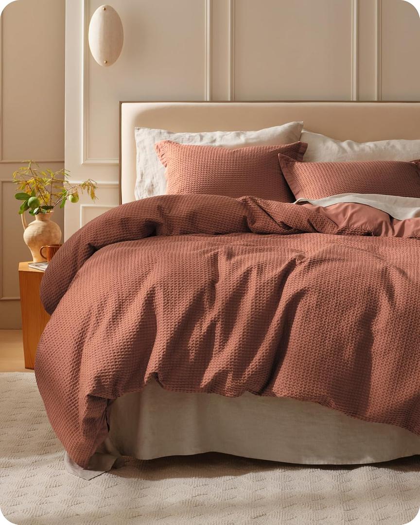 Bedsure Cotton Duvet Cover King - 100% Cotton Waffle Weave Burnt Orange Duvet Cover King Size, GentleSoft and Breathable Bedding Set for All Season, 3 Pieces, 104"x90"