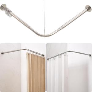 L Shaped Corner Shower Curtain Rod, Adjustable [24.3" - 47.6"] x [24.3" - 47.6"] 90 Degree Dual-Slide Shower Curtain Rod with 12 Hooks & Ceiling Support for Bathroom Bathtub - Brushed Nickel
