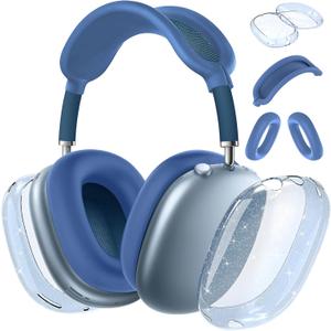 for AirPods Max case Cover,Anti-Scratch Ear Pad Case Cover/Ear Cups Cover/Headband Cover for AirPods Max. Clear Soft TPU and Silicone,Skin Scratch Proof. (3 in 1 Silicone & TPU, 3PC-Glitter Blue)