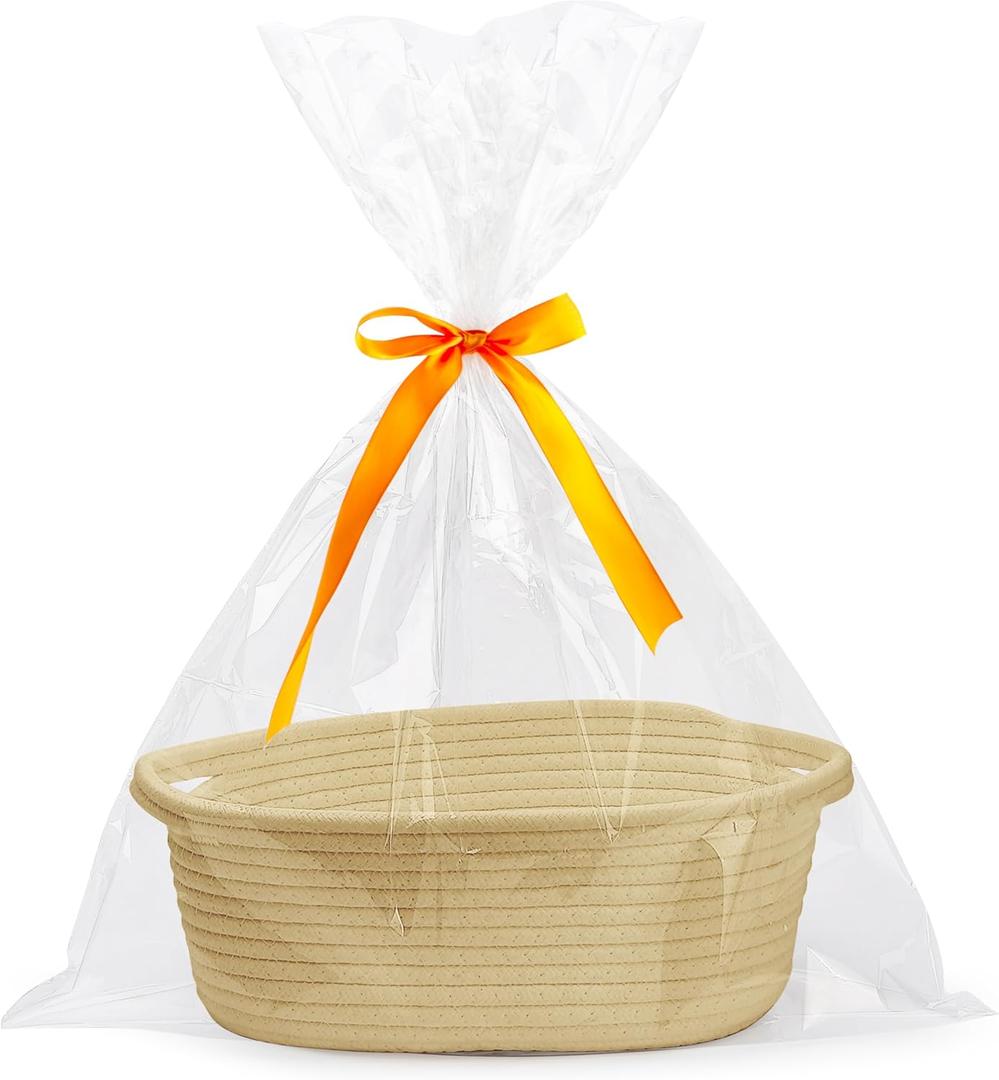 Pro Goleem Small Woven Basket with Gift Bags and Ribbons Durable Baskets for Gifts Empty Small Rope Basket for Storage 12"X 8" X 5" Baby Toy Basket with Handles, Khaki