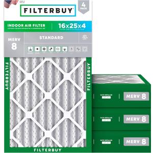 Filterbuy 16x25x4 Air Filter MERV 8 Essential Dust & Allergy Defense (4-Pack), Electrostatic Pleated HVAC AC Furnace Filters Replacement (Actual Size: 15.50 x 24.50 x 3.63)