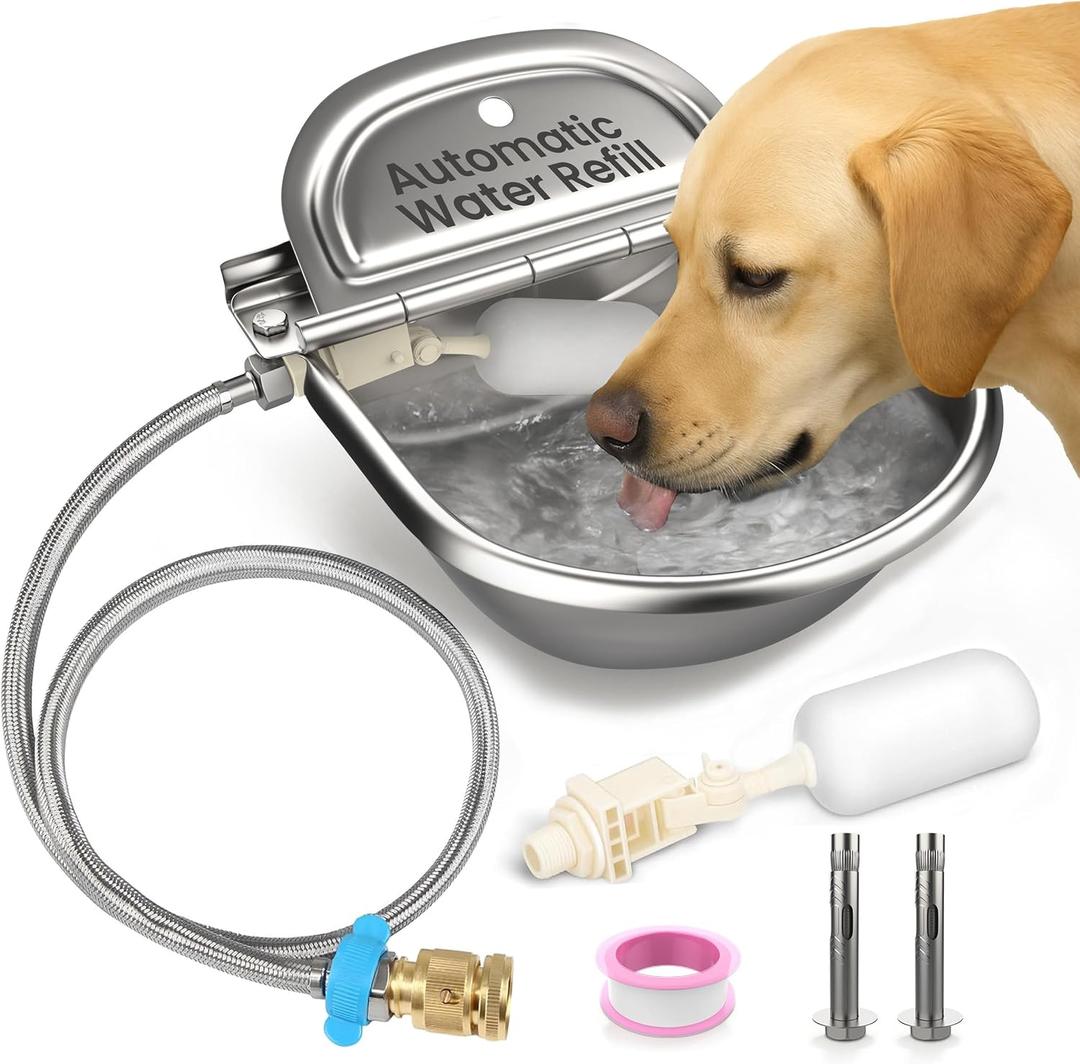Automatic Animal Drinking Water Bowl with 2 Float Valves-304 Stainless Steel Automatic Water Dispenser for Dogs & Farm Animals, Auto-Refill, Leakproof Drain Hole, Extra Long 100cm Hose